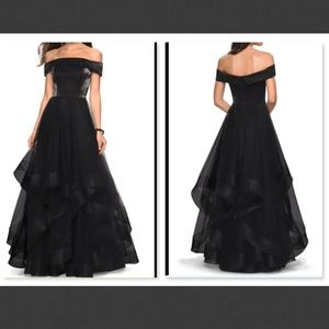 La Femme Black Off-Shoulder Gown
